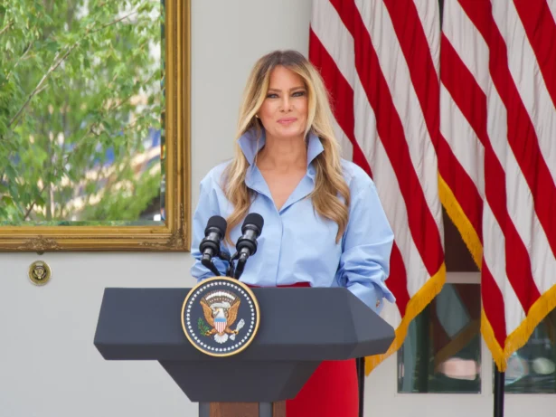 First Lady Melania Trump announces $2 million in new scholarships for her Fostering the Future initiative at the White House's Rose Garden in Washington on Aug. 20, 2026. (Travis Gillmore/The Epoch Times)