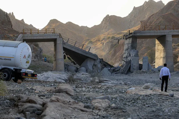 A heavily damaged bridge that was hit by a U.S. strike along the road connecting Roudan and Bandar Abbas in southern Iran on July 18, 2026. (Amir Hossein Khorgooei/ISNA/AFP via Getty Images)