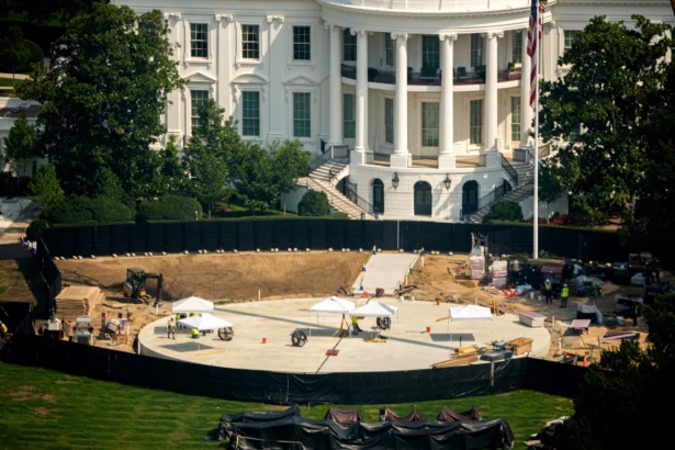 Construction continues on a new helipad on the South Lawn of the White House in Washington on Aug. 10, 2026. (Andrew Harnik/Getty Images)