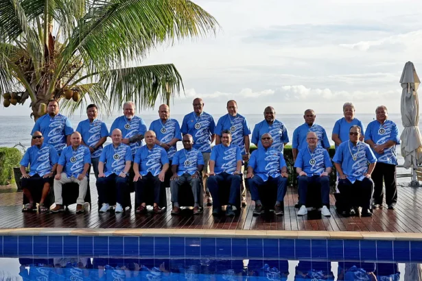 Leaders of Pacific Islands nations pose for a photo at the Pacific Islands Forum summit in Honiara, the capital of the Solomon Islands, on Sept. 11, 2025. (Ben Strang/AFP via Getty Images)