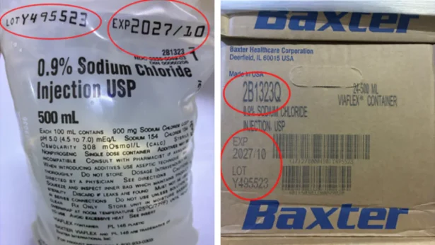 Baxter issued a voluntary nationwide recall on Aug. 25, 2026, for two lots of 0.9% Sodium Chloride Injection. (Courtesy U.S. Food and Drug Administration)