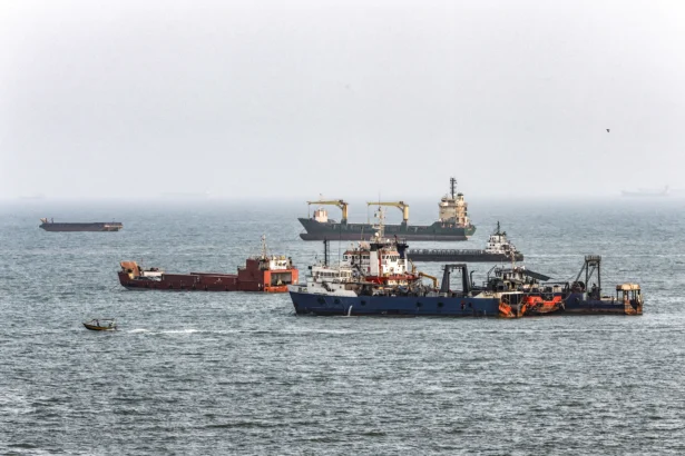 Ships are anchored in the Strait of Hormuz off the coast of Bandar Abbas, Iran, on Aug. 10, 2026. (Ali Saeedi/Getty Images)
