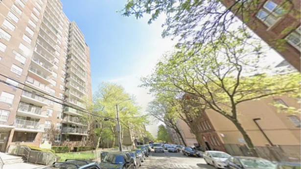 Allerville Arms apartment building in the Bronx, pictured in April 2026, where a mother and her infant daughter were pushed from a balcony on Oct. 6, 2026. (Screenshot by NTD via Google Maps)