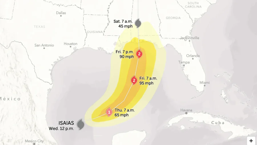 Photo: ntd.com The map above shows the expected path of Hurricane Isaias in the Gulf of America on Oct. 8 and 9, 2026. (AP Digital Embed)