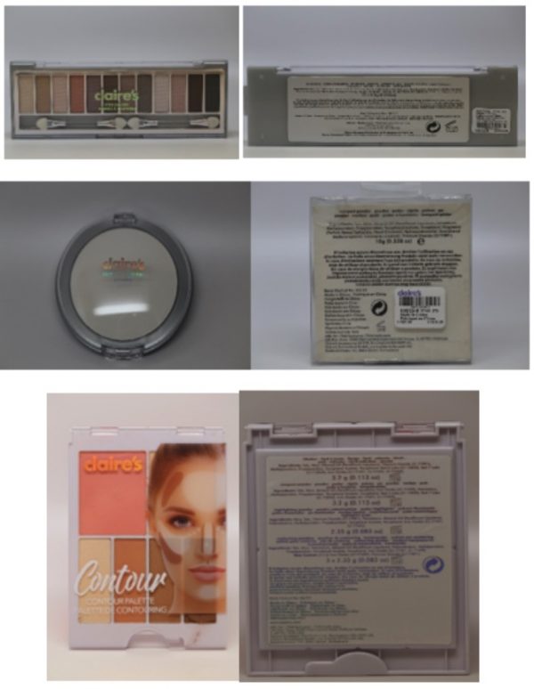 The FDA is advising consumers not to use any of the pictured Claire's makeup products. (FDA)