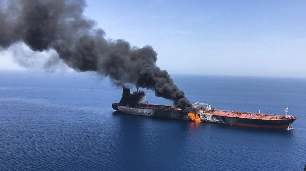 An oil tanker is on fire in the sea of Oman on June 13, 2019. (ISNA/Photo via AP)
