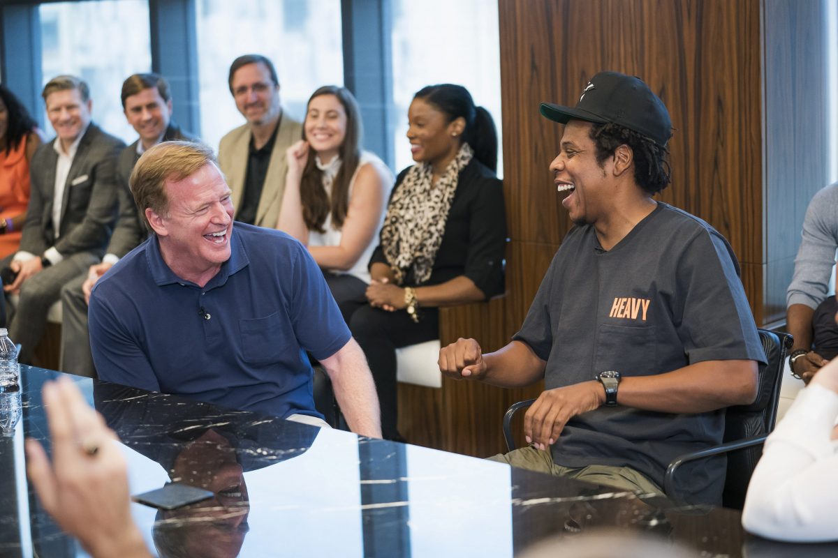 NFL Commissioner Roger Goodell, left, and Jay-Z appear at a news conference at ROC Nation in New York on Aug. 14, 2019. (Ben Hider/AP Images for NFL)