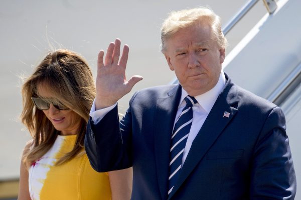 President Donald Trump and first lady Melania Trump arrive in Biarritz, France, Saturday, Aug. 24, 2019, for a G-7 summit. (Andrew Harnik/AP Photo)