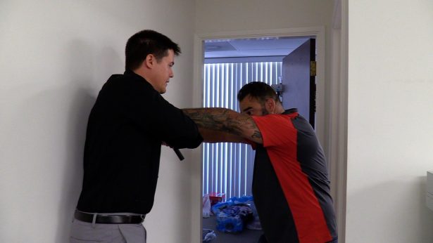 Kevin Holman demonstrates attacking the shooter from a chokepoint and gains control of the weapon in Walnut Creek, California, on Aug. 6, 2019. (Ilene Eng/NTD)