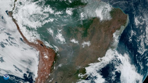 Fires, burning in the Amazon Rainforest, are pictured from space, captured by the geostationary weather satellite GOES-16 on Aug. 21, 2019. (NASA/NOAA/Handout via REUTERS)