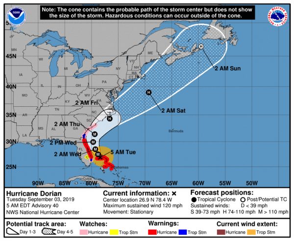 The NHC alert issued at 5 a.m. EDT Sept. 3 shows the "cone of probability" for hurricane Dorian. (NHC)