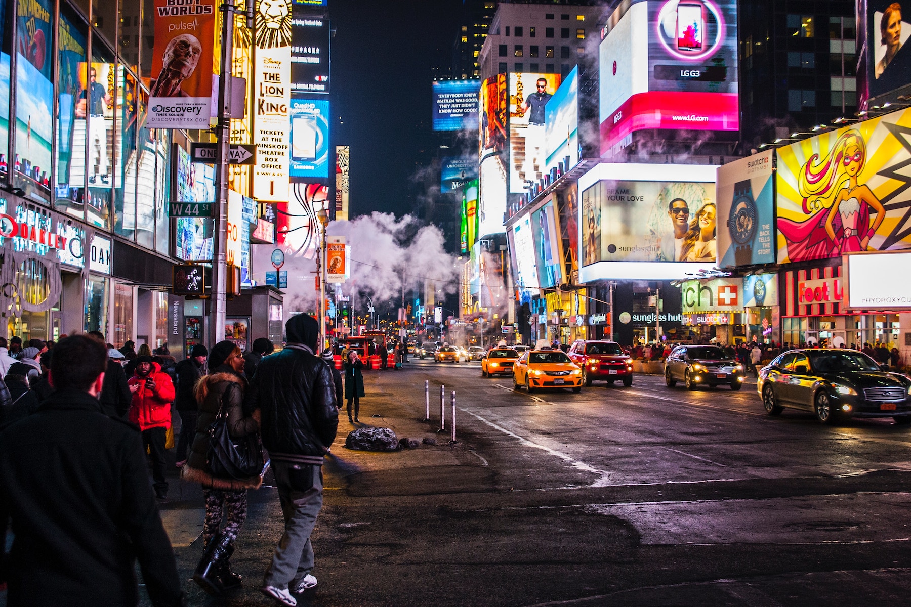 Bright lights near Times Square, New York City, New York. (@nicolaiberntsen/Unsplash)