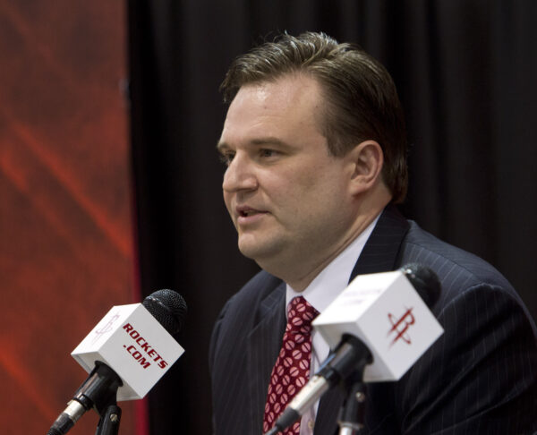 Daryl Morey, general manager of the Houston Rockets speaks during a press conference announcing the signing of Jeremy Lin at Toyota Center in Houston, Texas, on July 19, 2012. (Bob Levey/Getty Images)