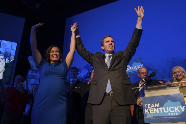 Democratic gubernatorial candidate and Kentucky Attorney General Andy Beshear, along with lieutenant governor candidate Jacqueline Coleman, acknowledge supporters at the Kentucky Democratic Party election night watch event in Louisville, Ky. on Nov. 5, 2019. (Bryan Woolston/AP Photo)