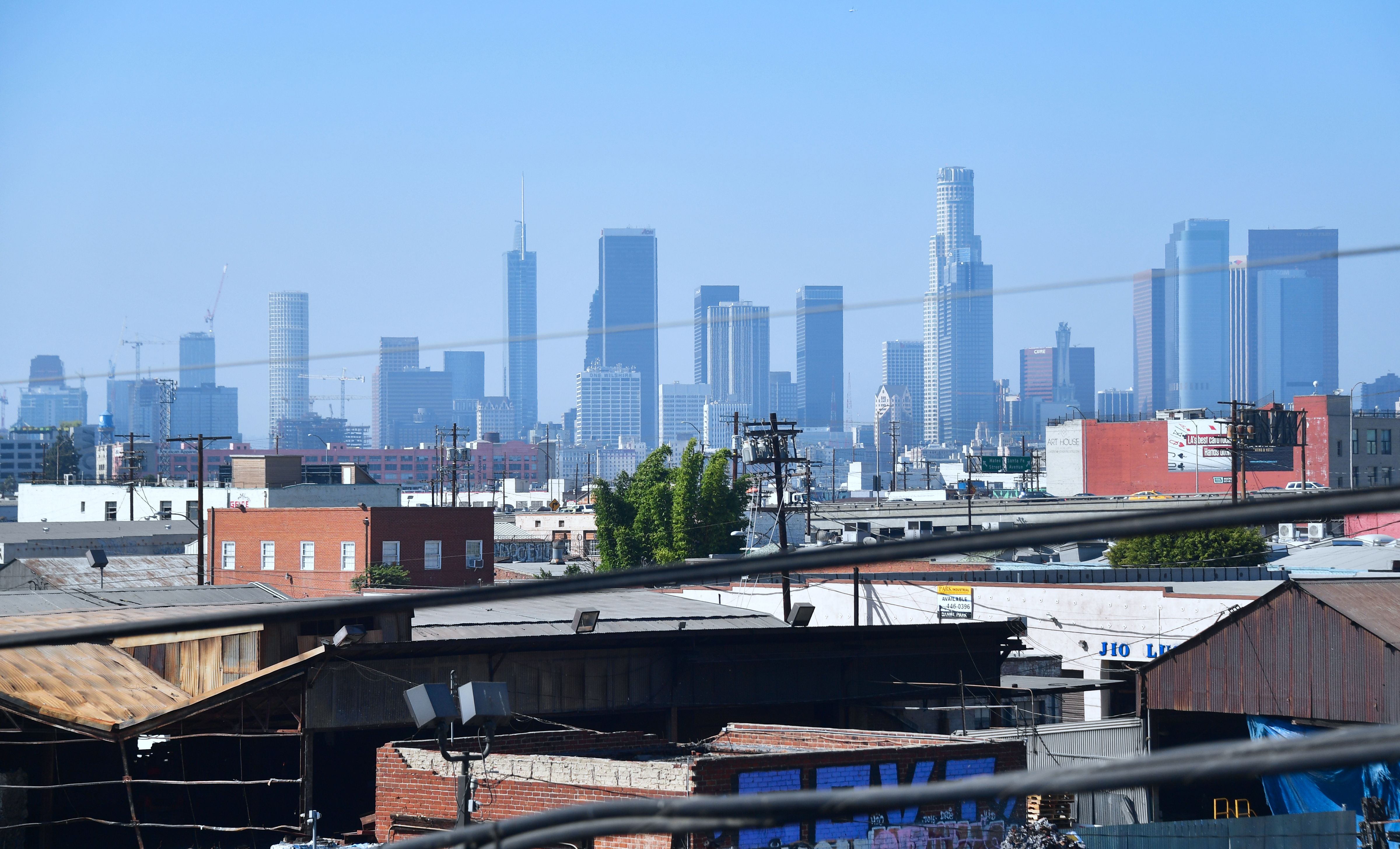 The downtown skyline of Los Angeles is pictured