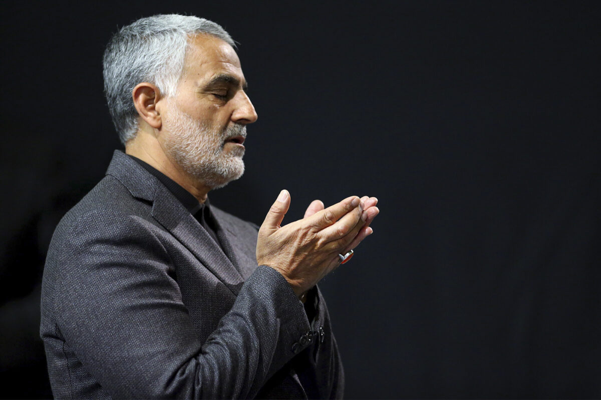 Qassem Soleimani prays in a religious ceremony at a mosque in the residence of Supreme Leader Ayatollah Ali Khamenei, in Tehran, Iran, on March 27, 2015. (Office of the Iranian Supreme Leader via AP, File)
