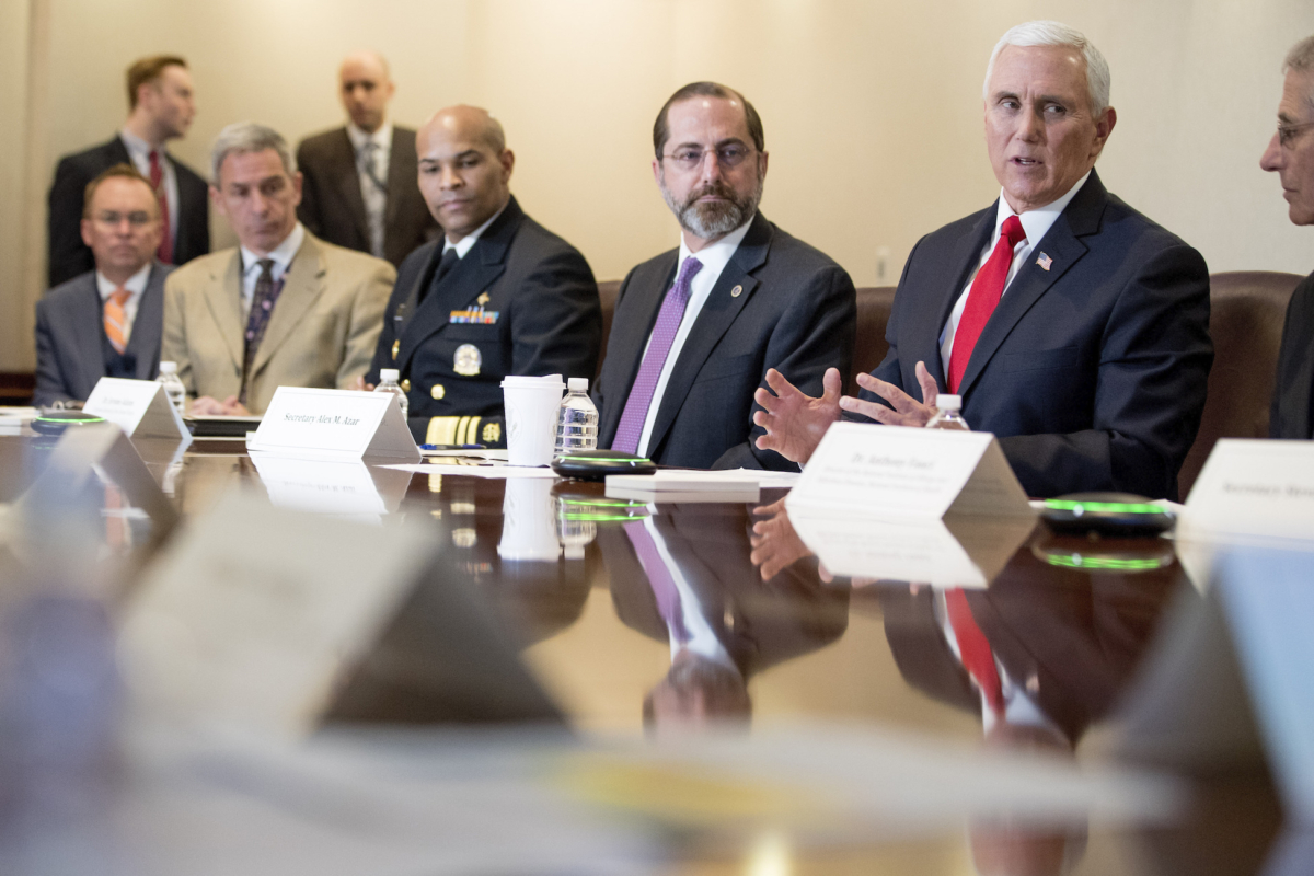 Vice President Mike Pence, accompanied by left, President Donald Trump's acting Chief of Staff Mick Mulvaney, acting Deputy Secretary of Homeland Security Ken Cuccinelli, Surgeon General Jerome Adams, Health and Human Services Secretary Alex Azar and National Institute for Allergy and Infectious Diseases Director Dr. Anthony Fauci, speaks at a coronavirus task force meeting at the Department of Health and Human Services, in Washington, on, Feb. 27, 2020. (Andrew Harnik/(AP Photo)