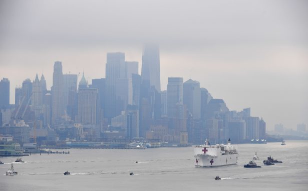 The USNS Comfort medical ship moves up the Hudson River as it arrives in New York City on March 30, 2020. (Angela Weiss/AFP via Getty Images)