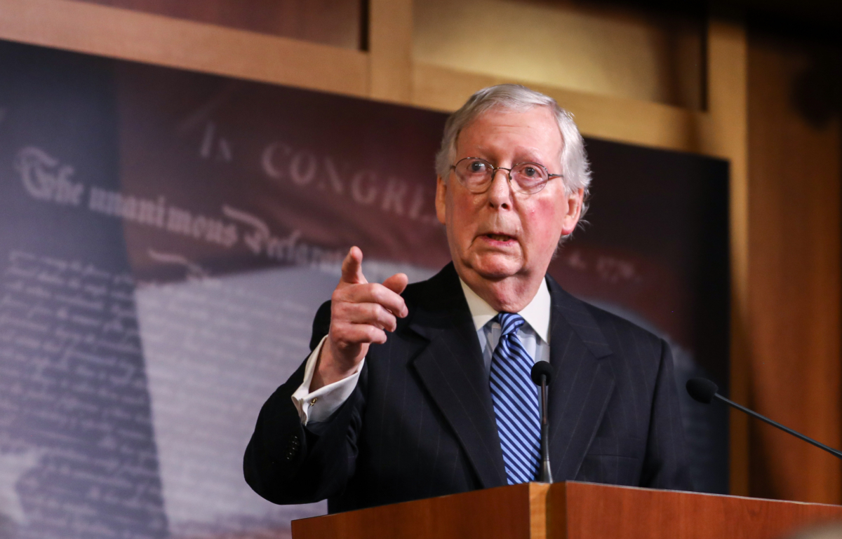 Senate Majority Leader Sen. Mitch McConnell (R-Ky.) speaks to media after the Senate voted to acquit President Donald Trump on two articles of impeachment, at the Capitol in Washington on Feb. 5, 2020. (Charlotte Cuthbertson/The Epoch Times)