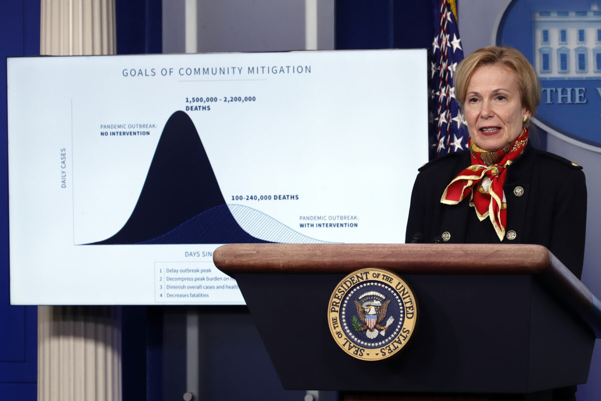 Dr. Deborah Birx, White House coronavirus response coordinator, speaks about COVID-19 in the James Brady Press Briefing Room of the White House, in Washington, DC, on March 31, 2020. (AP Photo/Alex Brandon)