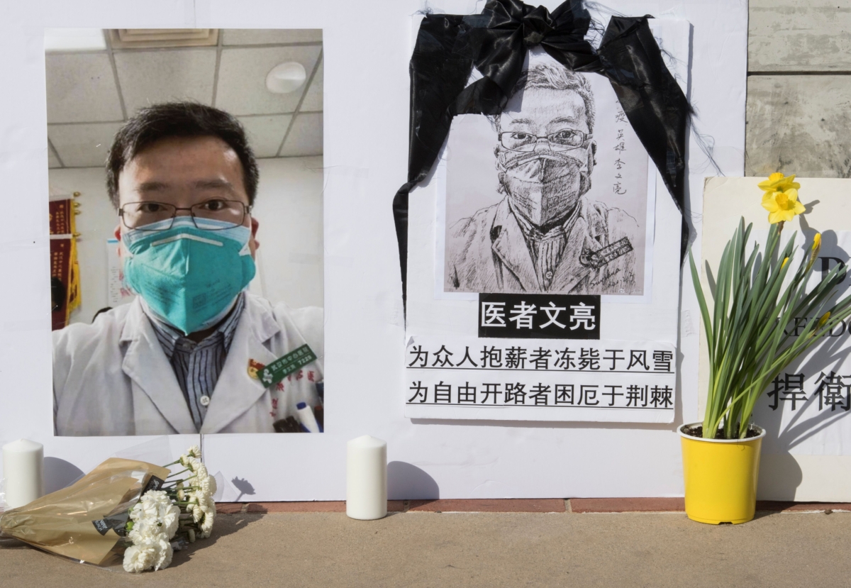 A memorial for Dr. Li Wenliang, who was a whistleblower of the CCP virus that originated in Wuhan, China, and caused the doctor’s death in that city, pictured outside the UCLA campus in Westwood, California, on Feb. 15, 2020. (Mark Ralston/AFP via Getty Images)