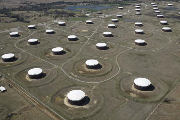 Crude oil storage tanks are seen from above at the oil hub, in Cushing, Ok., on March 24, 2016. (Nick Oxford/Reuters)