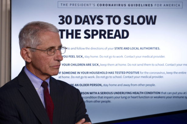 Dr. Anthony Fauci, director of the National Institute of Allergy and Infectious Diseases, listens as President Donald Trump speaks about COVID-19 at the White House, in Washington, on March 31, 2020. (Alex Brandon/AP Photo)