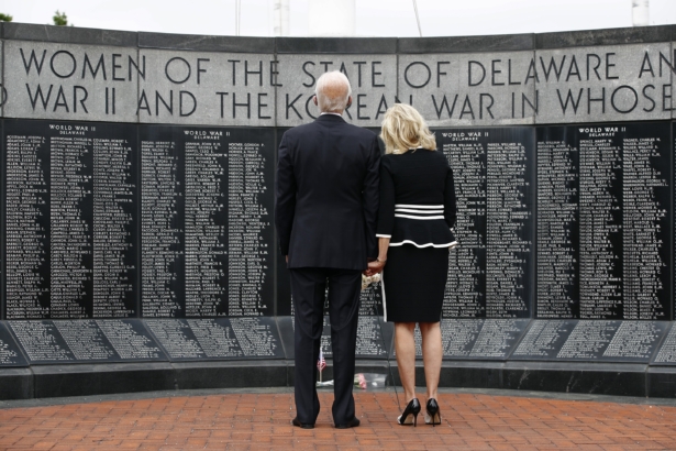 Former Vice President Joe Biden and Jill Biden pause after placing a wreath at the Delaware Memorial Bridge Veterans Memorial Park, in New Castle, Del., on May 25, 2020. (Patrick Semansky/AP Photo)