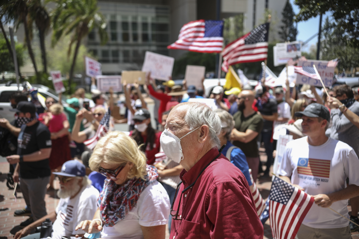 Demonstrators protest during a rally to reopen California and against Stay-At-Home directives in San Diego, Calif., on May 1, 2020. (Sandy Huffaker/AFP via Getty Images)