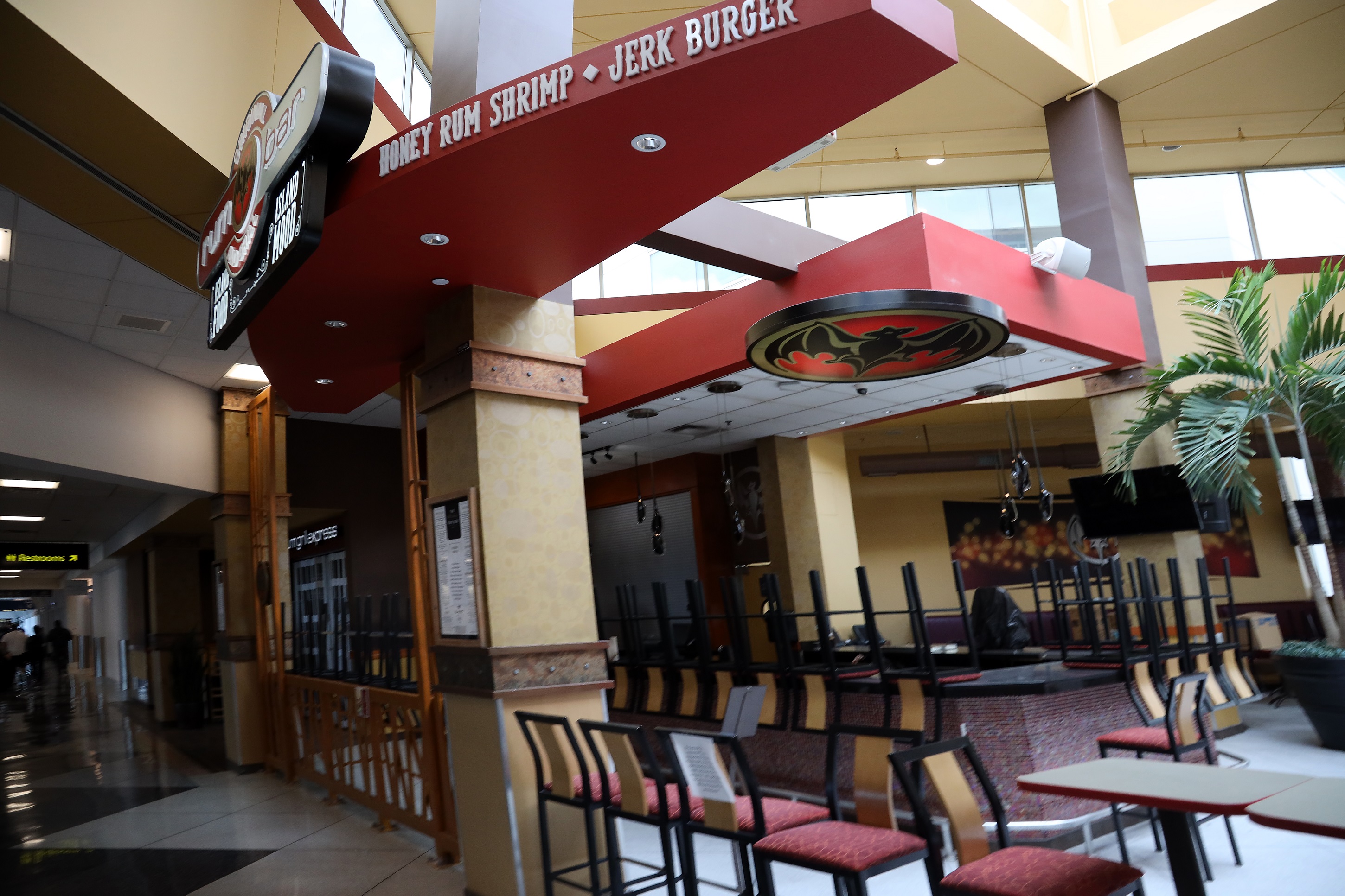 An empty restaurant is seen at Charlotte Douglas International Airport in Charlotte, N.C., on May 15, 2020. (Chris Graythen/Getty Images)