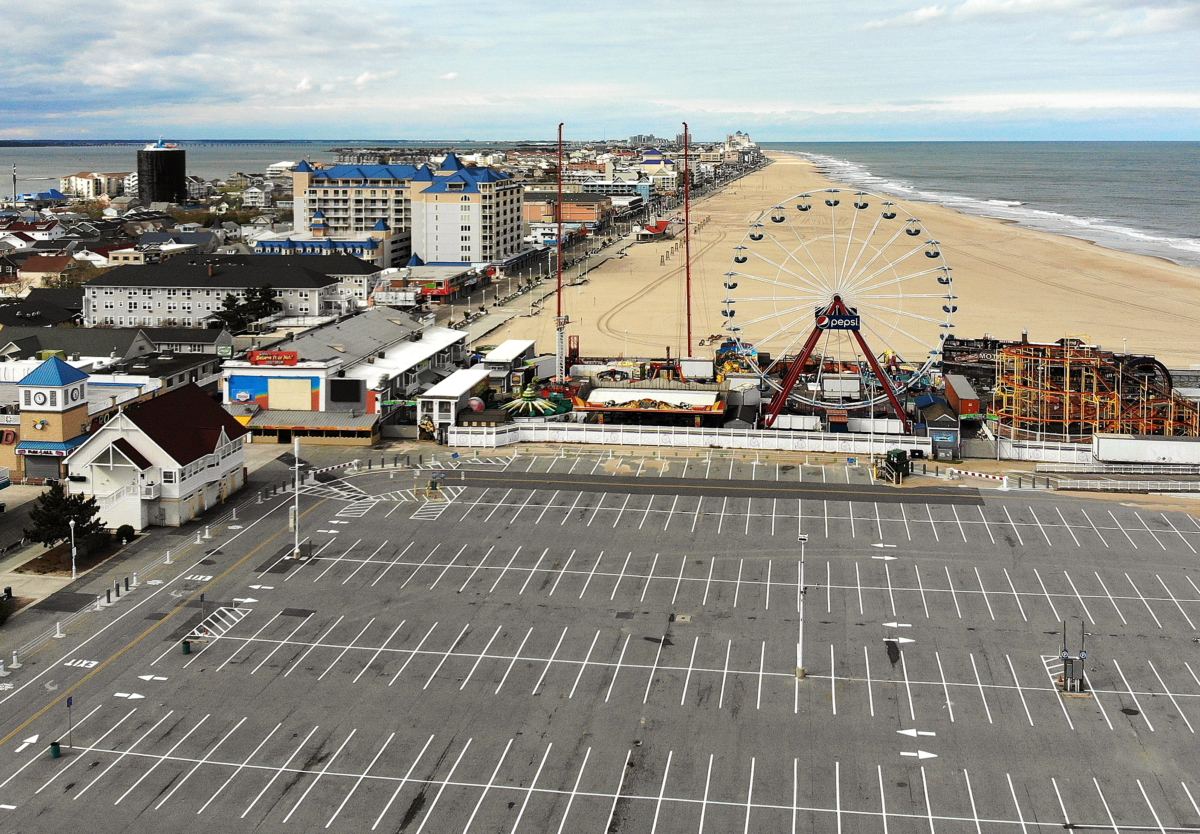 An aerial view from a drone shows an empty parking lot and beach in Ocean City, Md., on April 27, 2020. (Mark Wilson/Getty Images)