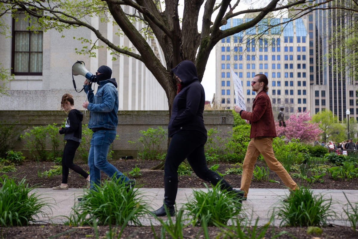 Demonstrators protest outside the Ohio statehouse in opposition of Governor Mike DeWine's stay-at-home order in Columbus, Ohio, on May 1, 2020. (Brad Lee/AFP via Getty Images)