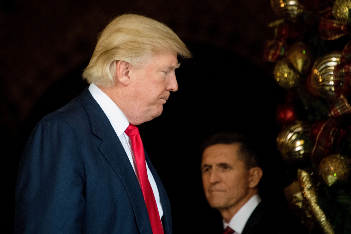 President-elect Donald Trump (L) stands with National Security Adviser Lt. General Michael Flynn at Mar-a-Lago in Palm Beach, Fla., where he is holding meetings on Dec. 21, 2016. (Jim Watson/AFP via Getty Images)