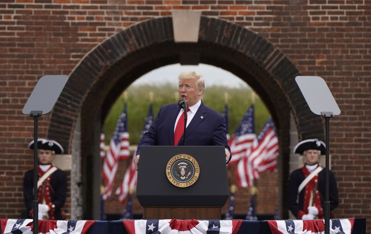 President Donald Trump speaks during ceremonies commemorating the Memorial Day holiday at Fort McHenry at Fort McHenry in Baltimore, Md., on May 25, 2020. (Joshua Roberts/Reuters)