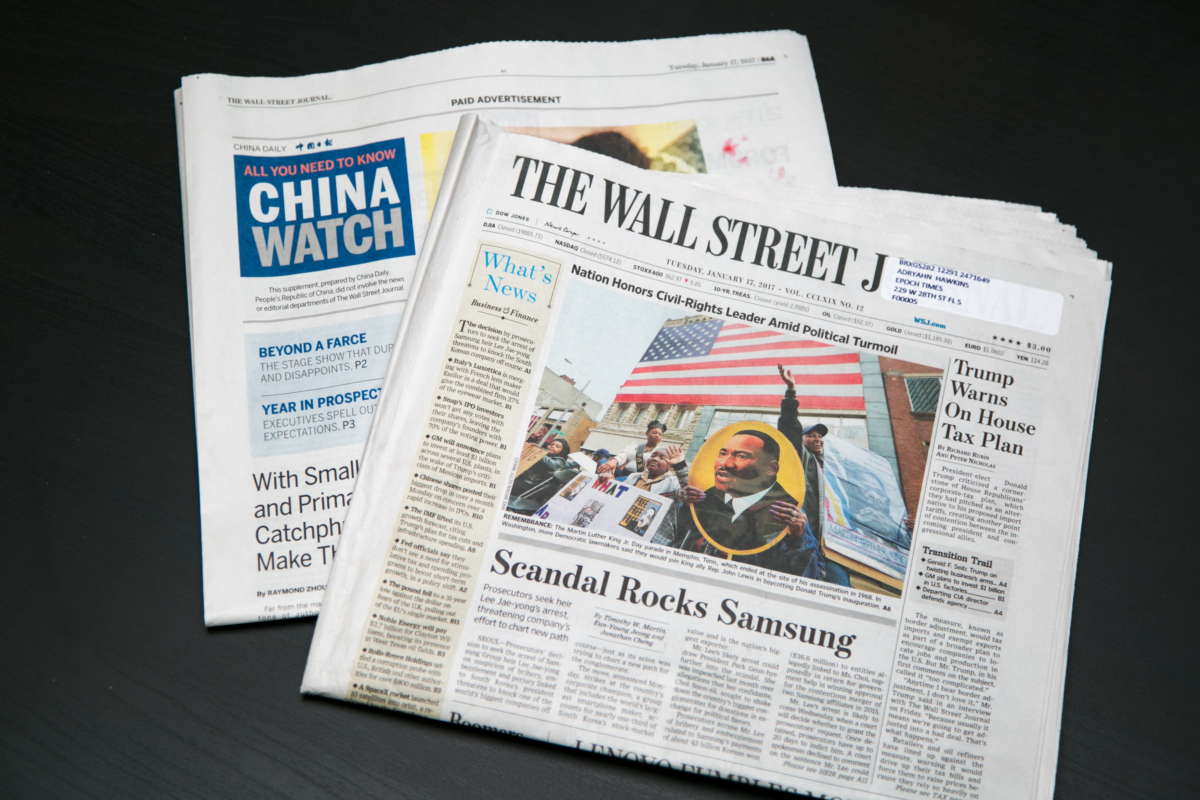 A paid insert of China Daily inside the Jan. 17, 2017 edition of the Wall Street Journal. (Benjamin Chasteen/The Epoch Times)