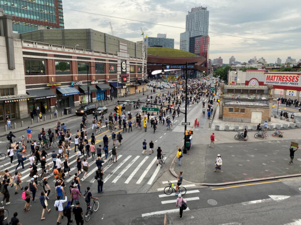 Protesters march down Flatbush Avenue to the Barclays Center in the New York City borough of Brooklyn as memorial events are held for George Floyd, in New York, on June 4, 2020. (Jonathan Oatis/Reuters)