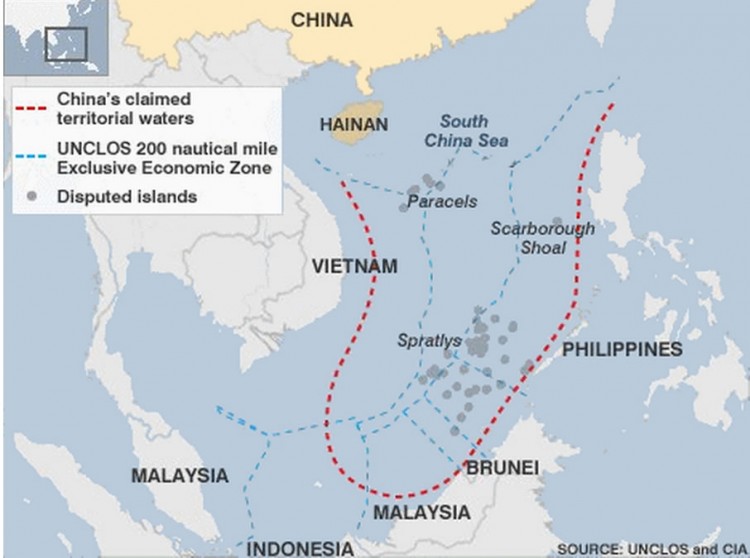 A map showing waters disputed by China in the South China Sea. (UNCLOS and the CIA)