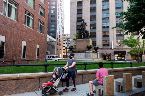 The Abraham Lincoln Statue, erected in 1879, by Thomas Ball, in Park Square in Boston, Massachusetts, on June 16, 2020. (Joseph Prezioso/AFP via Getty Images)