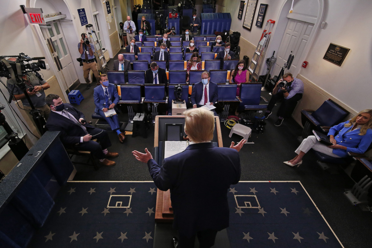 President Donald Trump talks to journalists during a news conference about his administration's response to the ongoing global CCP pandemic at the White House in Washington, on July 22, 2020. (Chip Somodevilla/Getty Images)