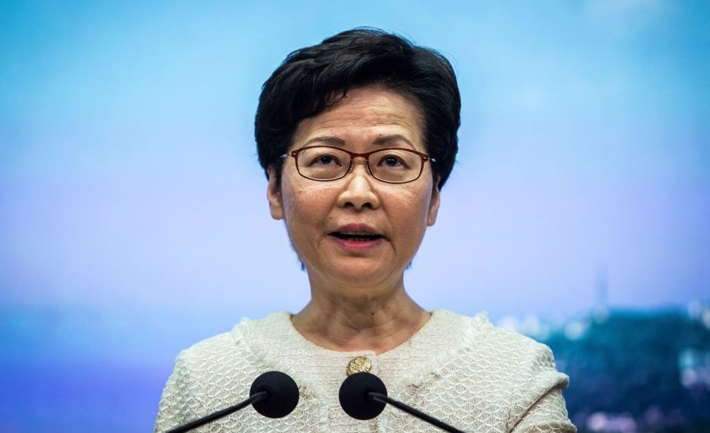 Hong Kong leader Carrie Lam speaks at a press conference in Hong Kong on July 7, 2020. (Issac Lawrence/AFP via Getty Images)