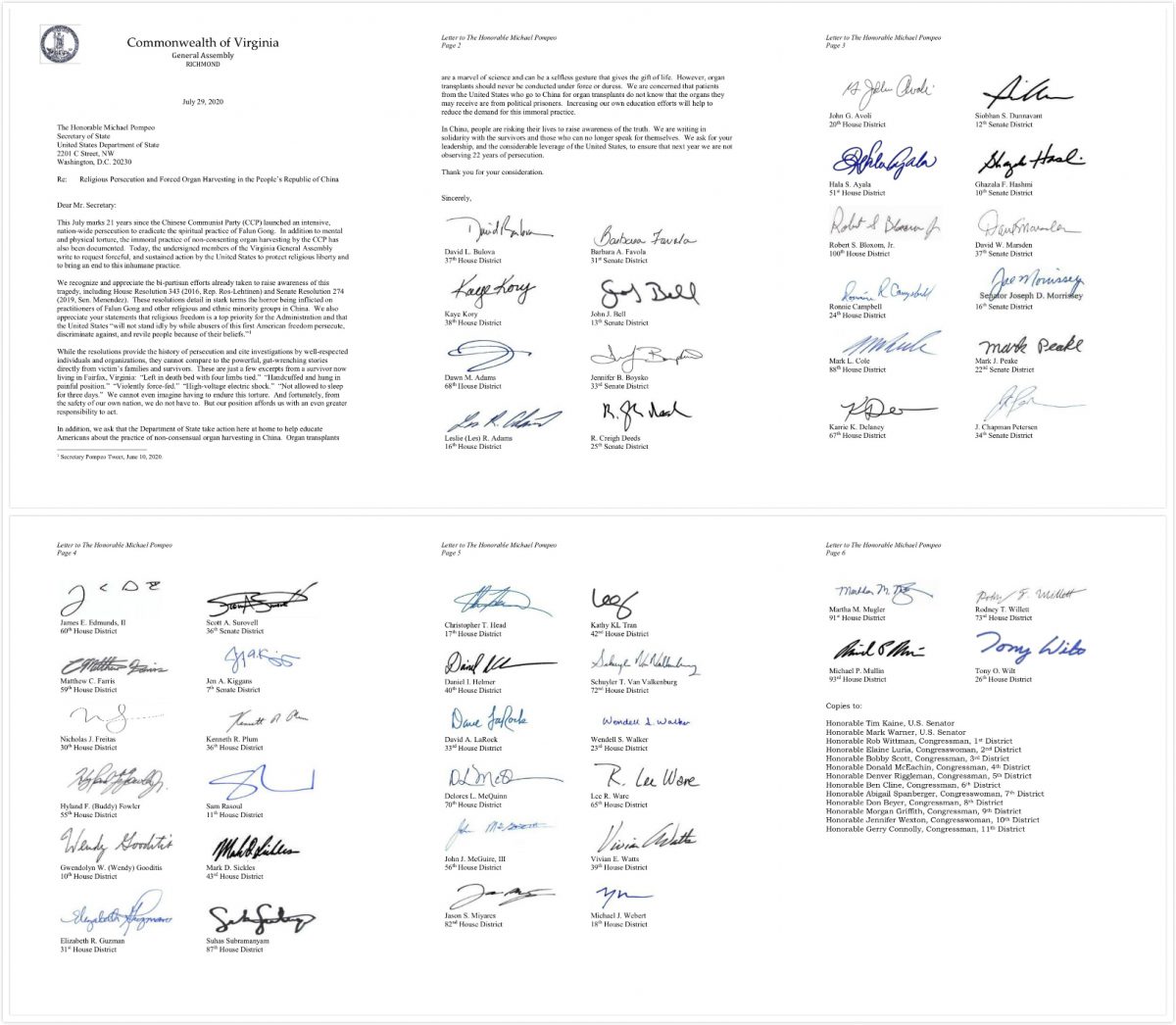 The letter that 49 Virginia state lawmakers wrote to Secretary of State Mike Pompeo, dated July 29, 2020. (Provided to The Epoch Times)