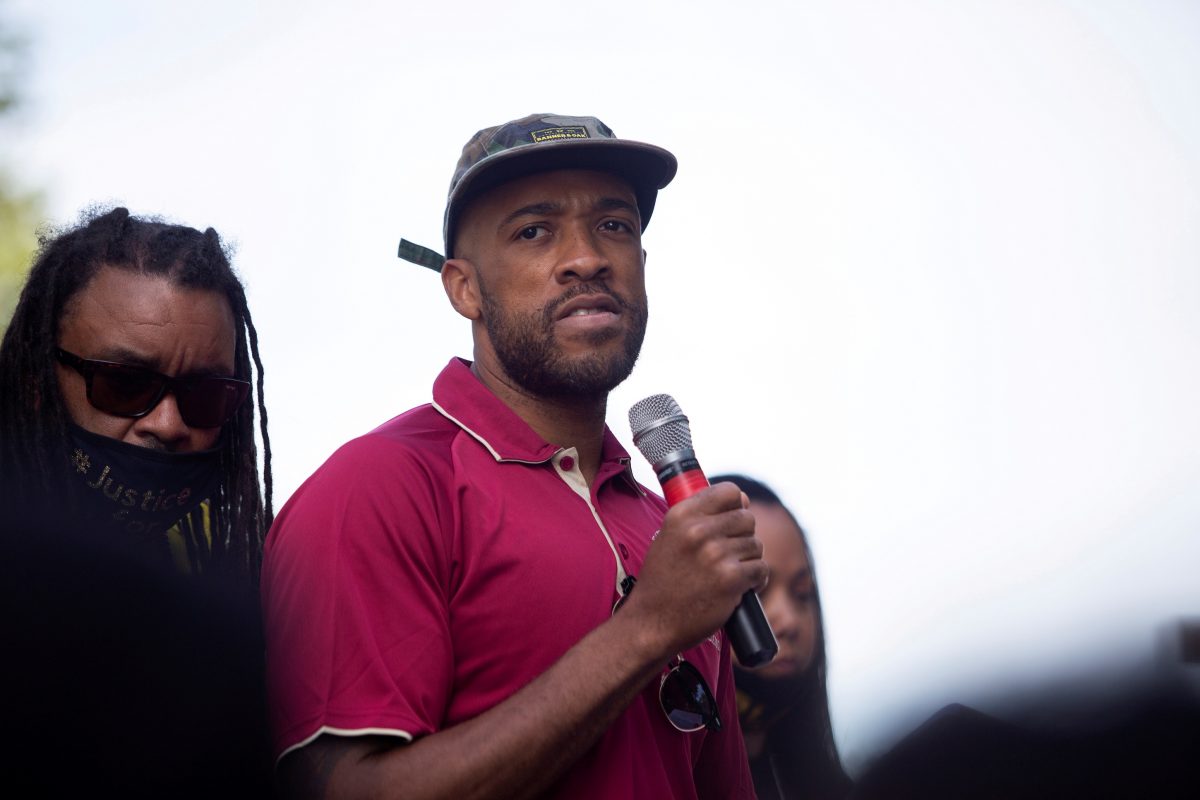 Wisconsin Lt. Gov. Mandela Barnes speaks to the crowd gathered at Civic Center Park located outside of the Kenosha County Courthouse, in Kenosha, Wis., on Aug. 29, 2020. (Jim Vondruska/Reuters)