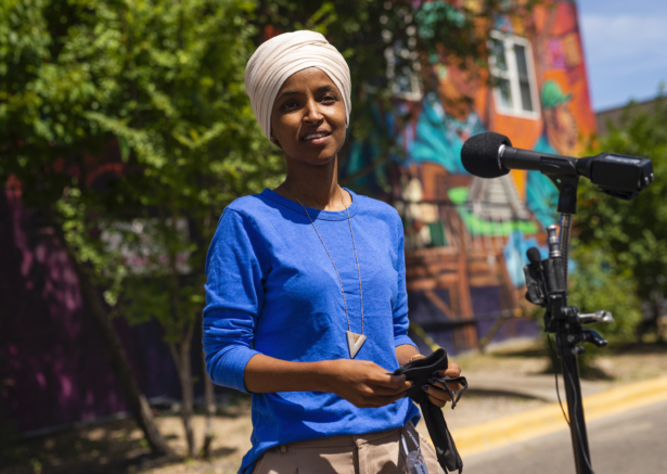 Rep. Ilhan Omar (D-Minn.) speaks with media gathered outside Mercado Central in Minneapolis, Minn., on Aug. 11, 2020. (Stephen Maturen/Getty Images)