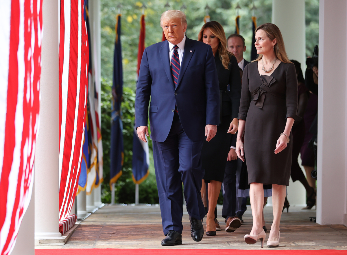 President Donald Trump arrives to introduce Judge Amy Coney Barrett as his nominee to the Supreme Court in the Rose Garden at the White House, in Washington on Sept. 26, 2020. (Chip Somodevilla/Getty Images)