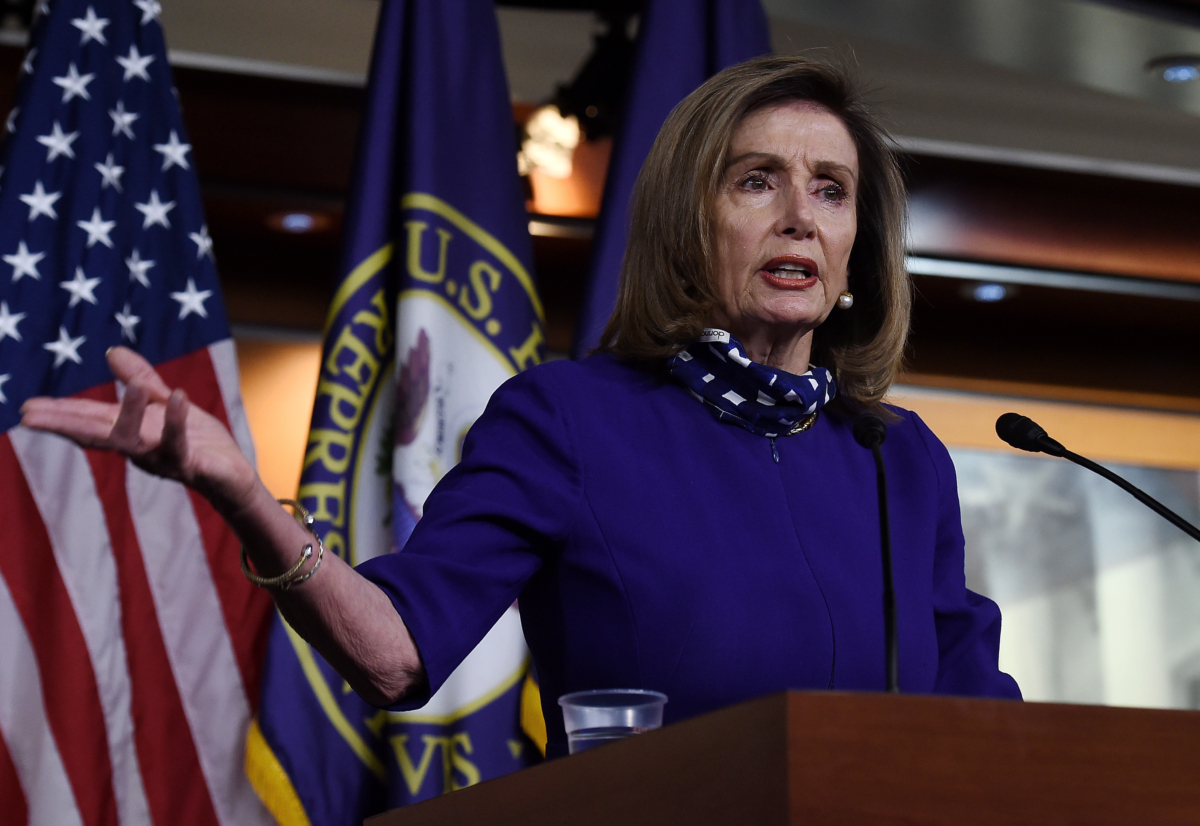 Speaker of the House Nancy Pelosi (D-Calif.) speaks to reporters during her weekly press conference at the U.S. Capitol in Washington on Aug. 27, 2020. (Olivier Douliery/AFP via Getty Images)