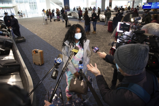 Fatima Lindsey, a passenger from the Bay Area, arrived via Miami on the first Boeing 737 Max flight since the plane's return to service, Tuesday, Dec. 29, 2020, in New York. (Kevin Hagen/AP Photo).