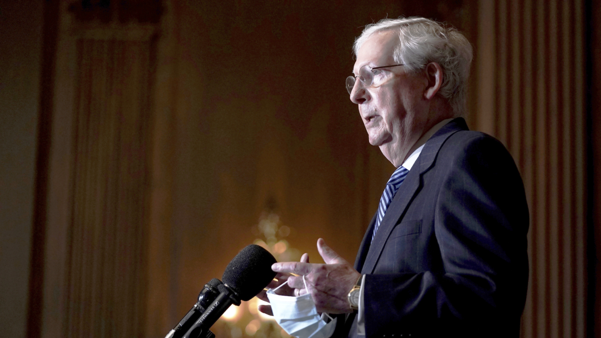 Senate Majority Leader Mitch McConnell (R-Ky.) talks during a news conference on Capitol Hill in Washington on Dec. 8, 2020. (Greg Nash/Pool via AP)