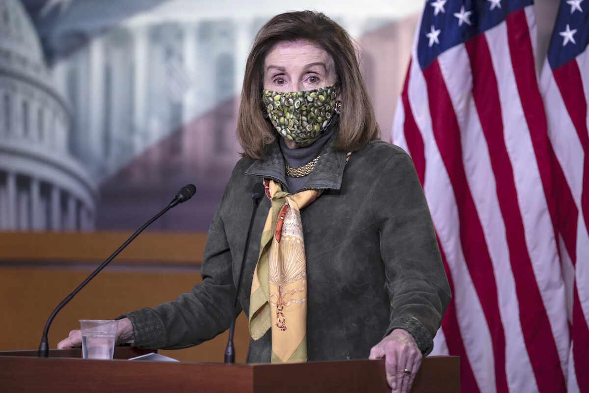 Speaker of the House Nancy Pelosi (D-Calif.) speaks at a weekly news conference at the U.S. Capitol in Washington on Feb. 18, 2021. (Tasos Katopodis/Getty Images)