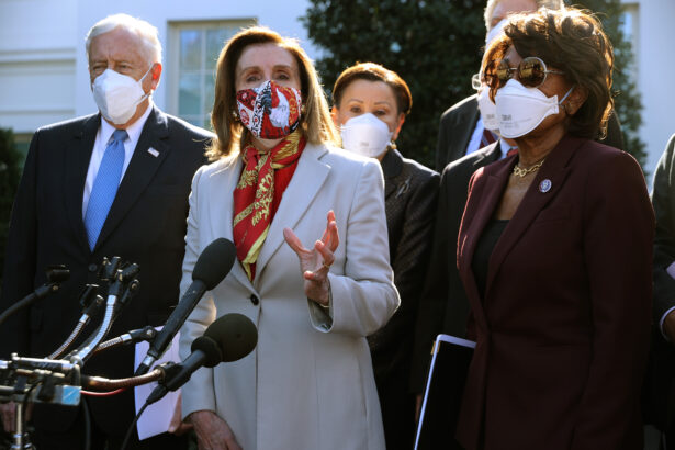 House Speaker Nancy Pelosi (D-Calif.) speaks to reporters, as Reps. Steny Hoyer (D-Md.) (L) Nydia Velazquez (D-N.Y.), and Maxine Waters (D-Calif.) listen, outside the White House in Washington, on Feb. 5, 2021. (Chip Somodevilla/Getty Images)