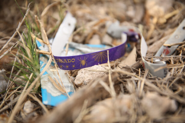 Wristbands used by smuggling organizations and cartels are found discarded near the border after illegal immigrants remove them, in Penitas, Texas, on March 14. 2021. (Charlotte Cuthbertson/The Epoch Times)